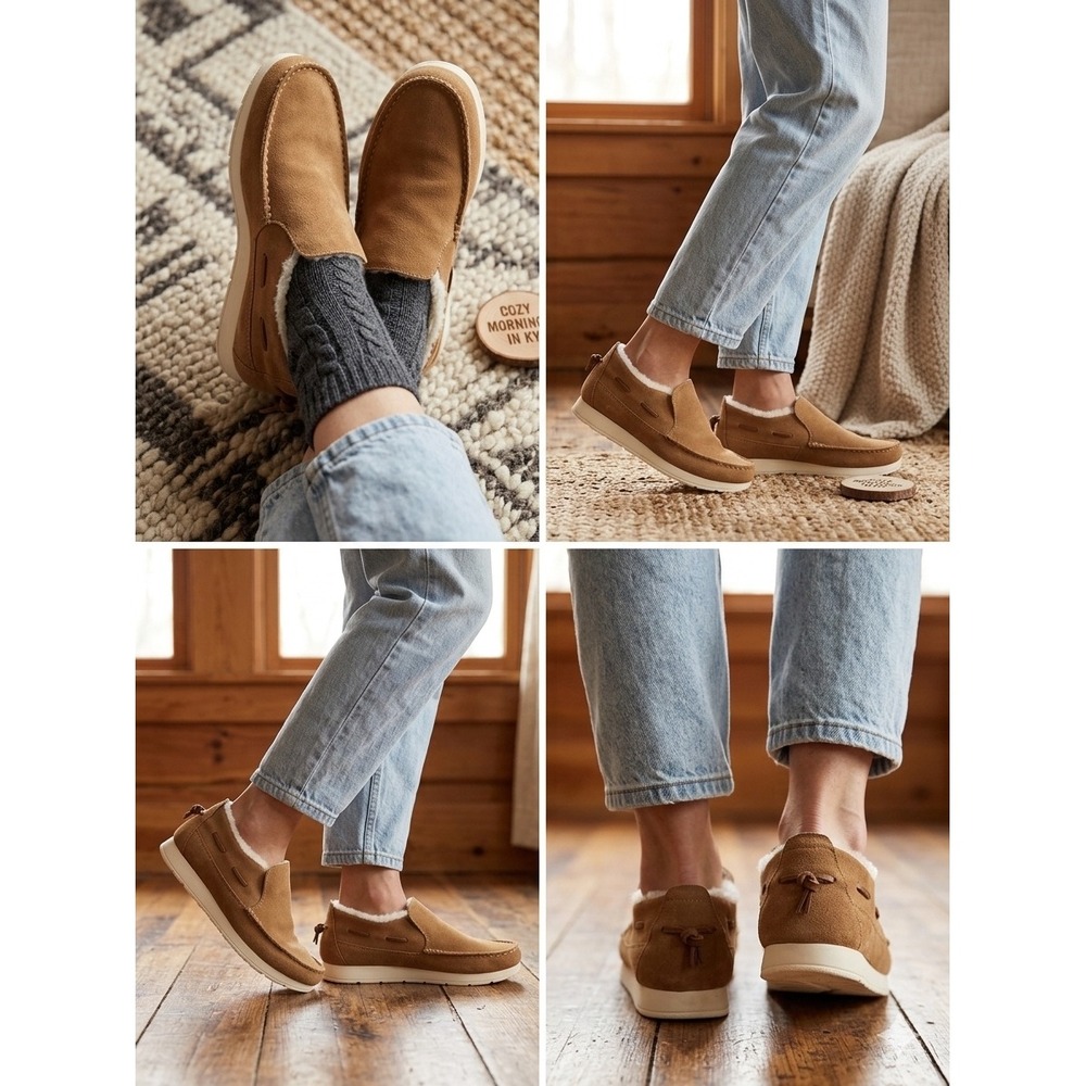 Rustic Sperry Crest Vibe Suede Moccasin Slippers Tan Faux Fur Lined Womens 10